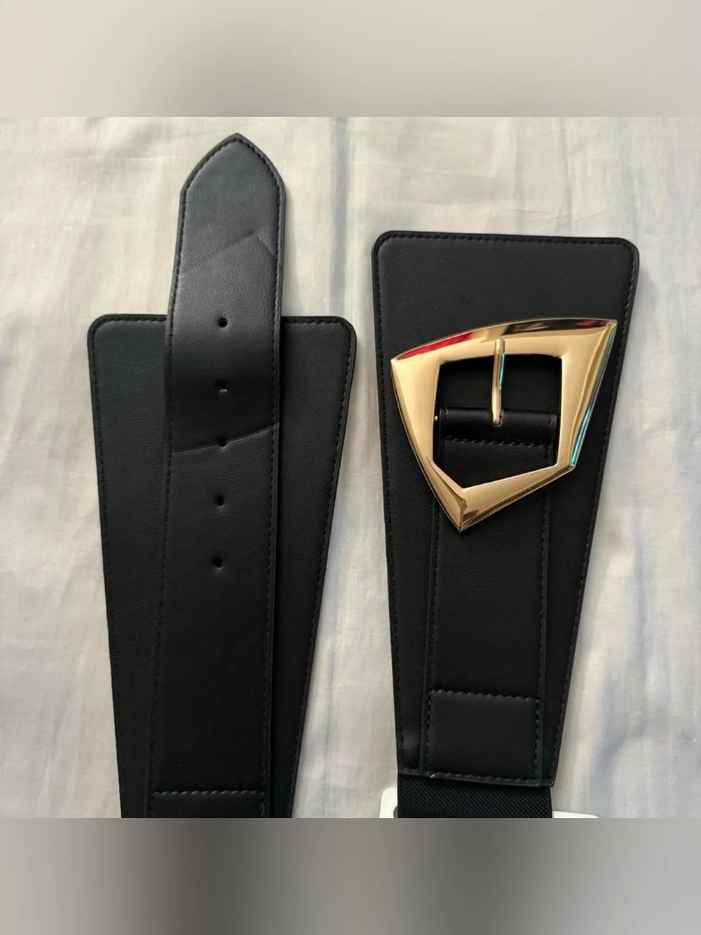 Black wide PU leather elastic waistband belt with gold tone buckle